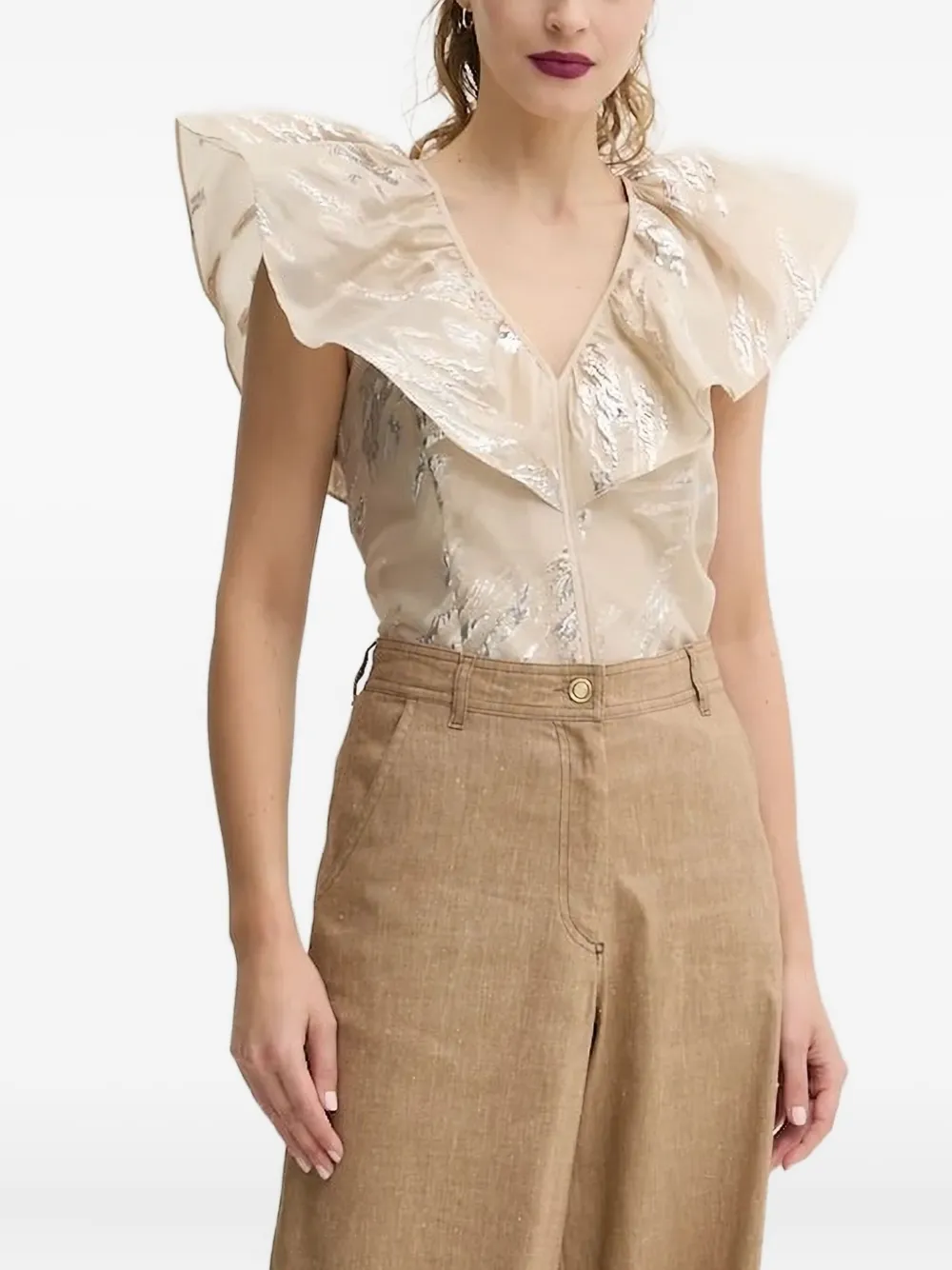 Bruuns Bazaar Metallic-detail Ruffled Blouse In Neutral