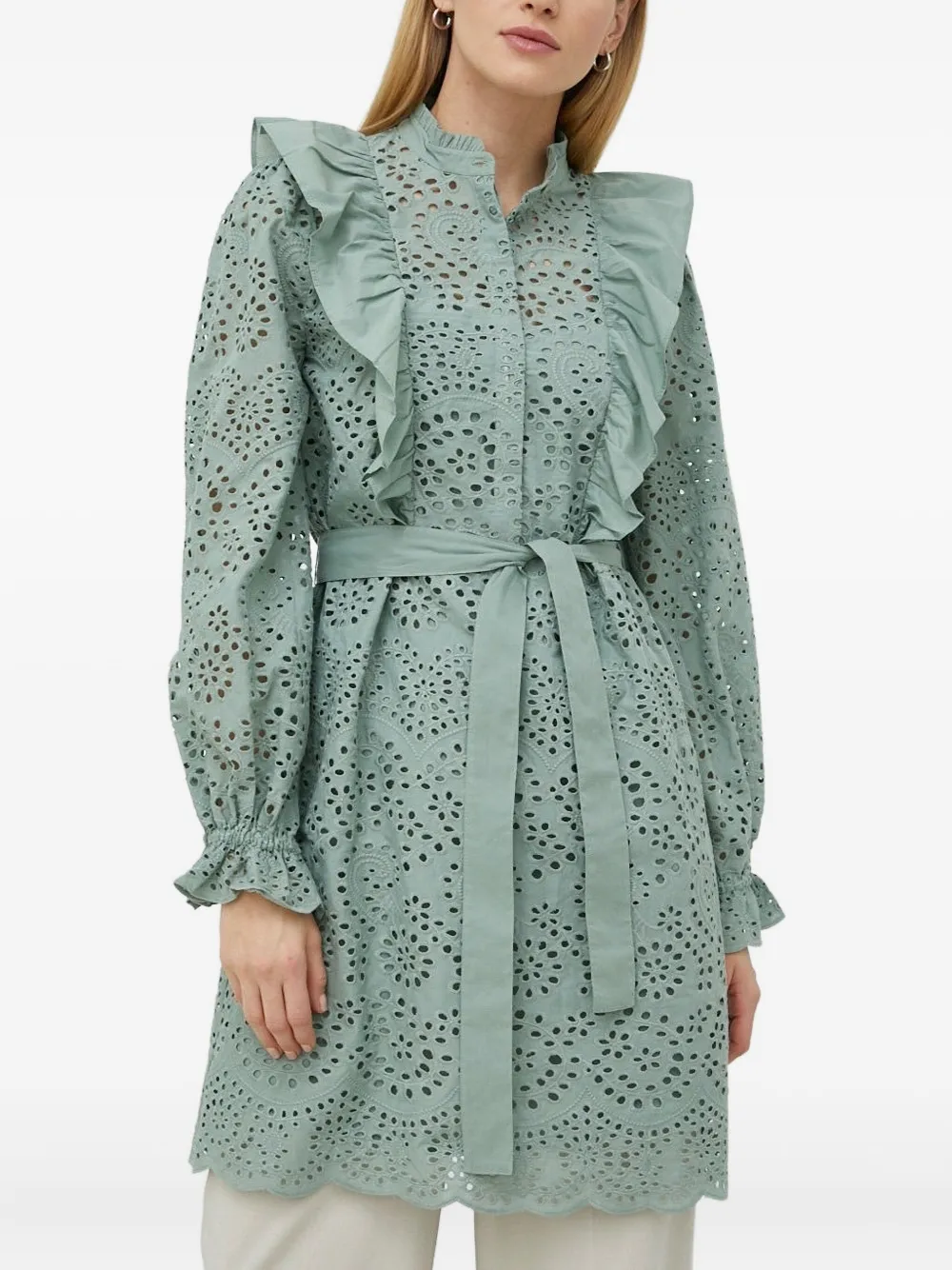 Bruuns Bazaar Eyelet-embroidered Ruffle Mini Dress In Green