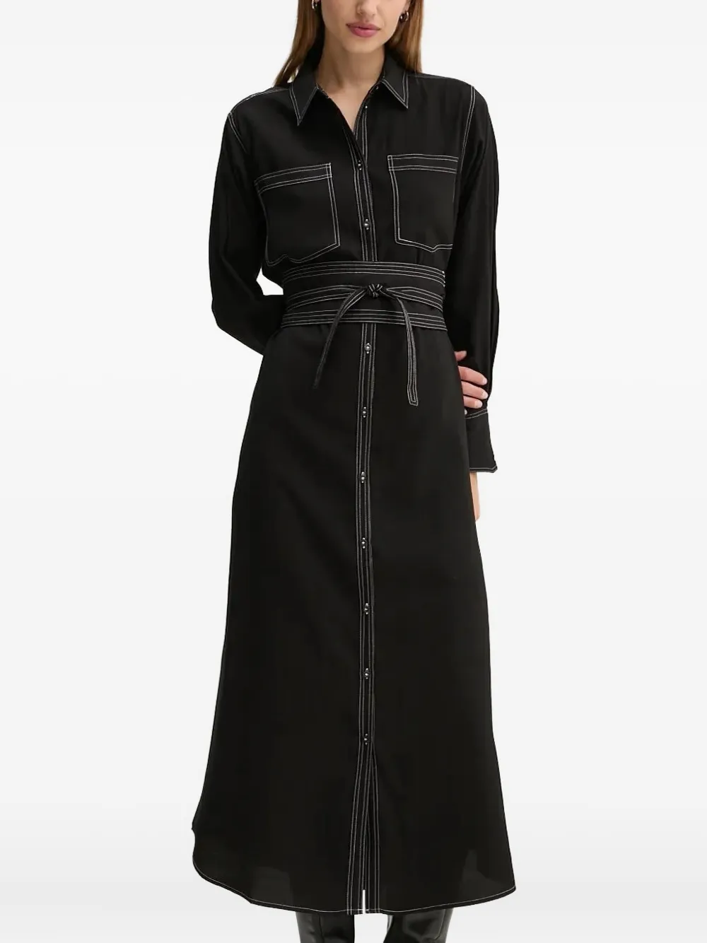 Bruuns Bazaar Contrast-stitching Belted Shirt Midi Day Dress In Black