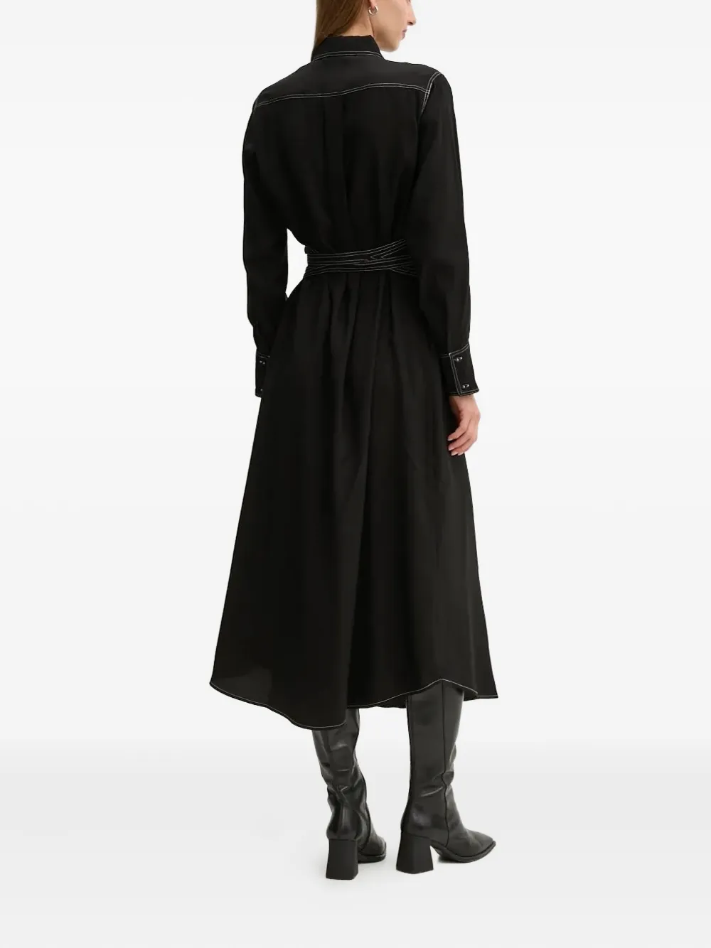 Bruuns Bazaar contrast-stitching belted shirt midi day dress - Zwart