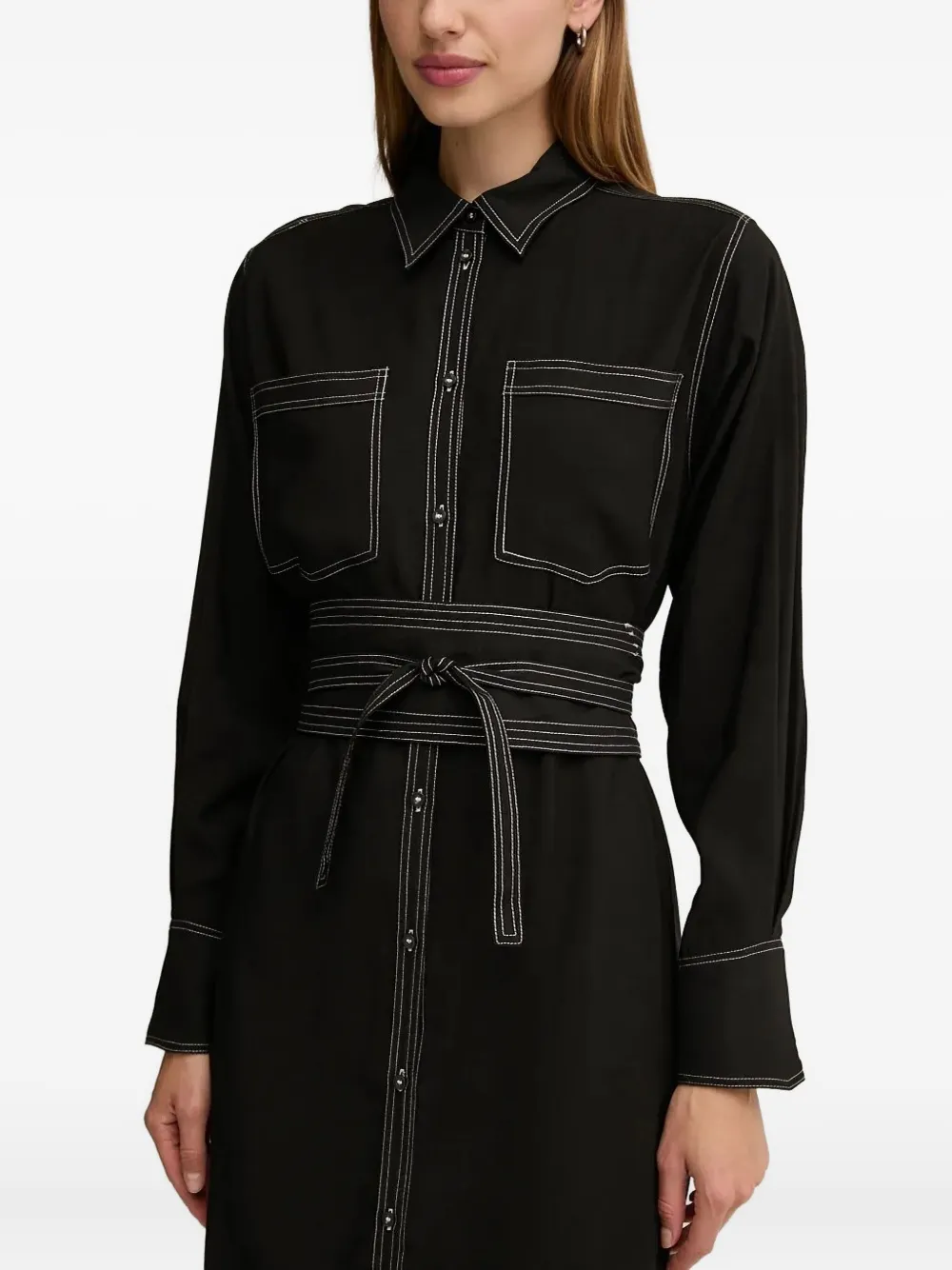 Bruuns Bazaar Contrast-stitching Belted Shirt Midi Day Dress In Black