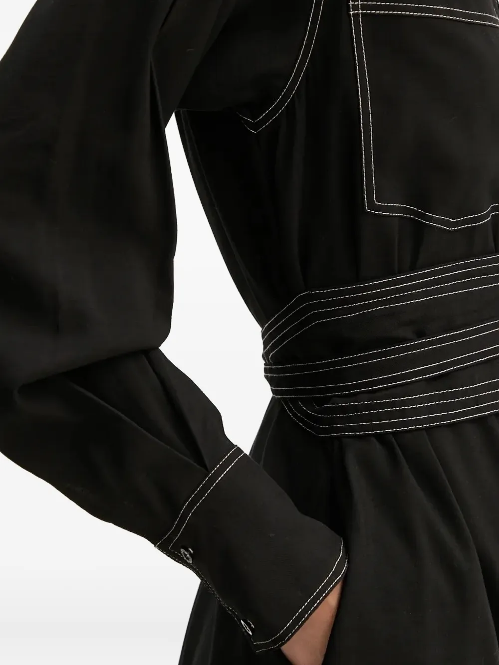 Bruuns Bazaar Contrast-stitching Belted Shirt Midi Day Dress In Black