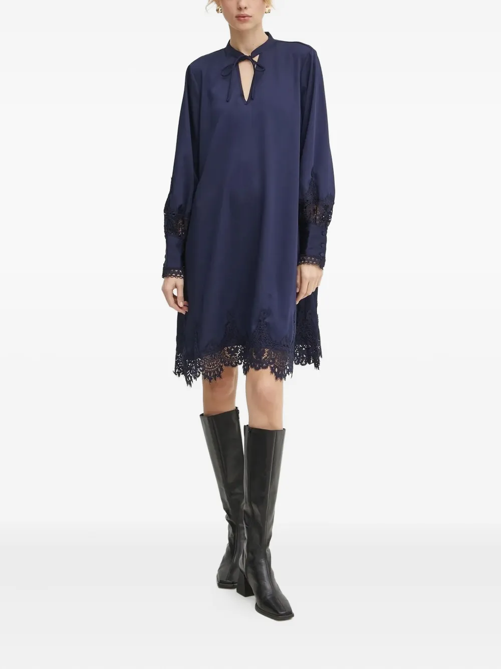Bruuns Bazaar Lace-trimmed Button-cuff Midi Dress In Blue