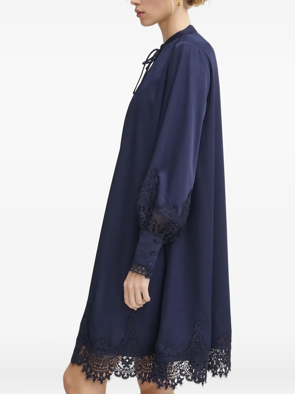 Bruuns Bazaar Lace-trimmed Button-cuff Midi Dress In Blue