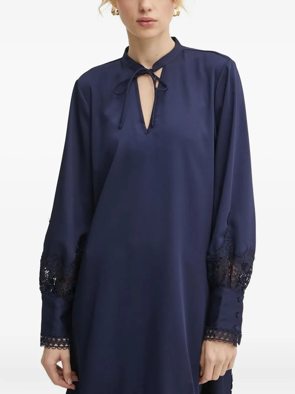 Bruuns Bazaar Lace-trimmed Button-cuff Midi Dress In Blue