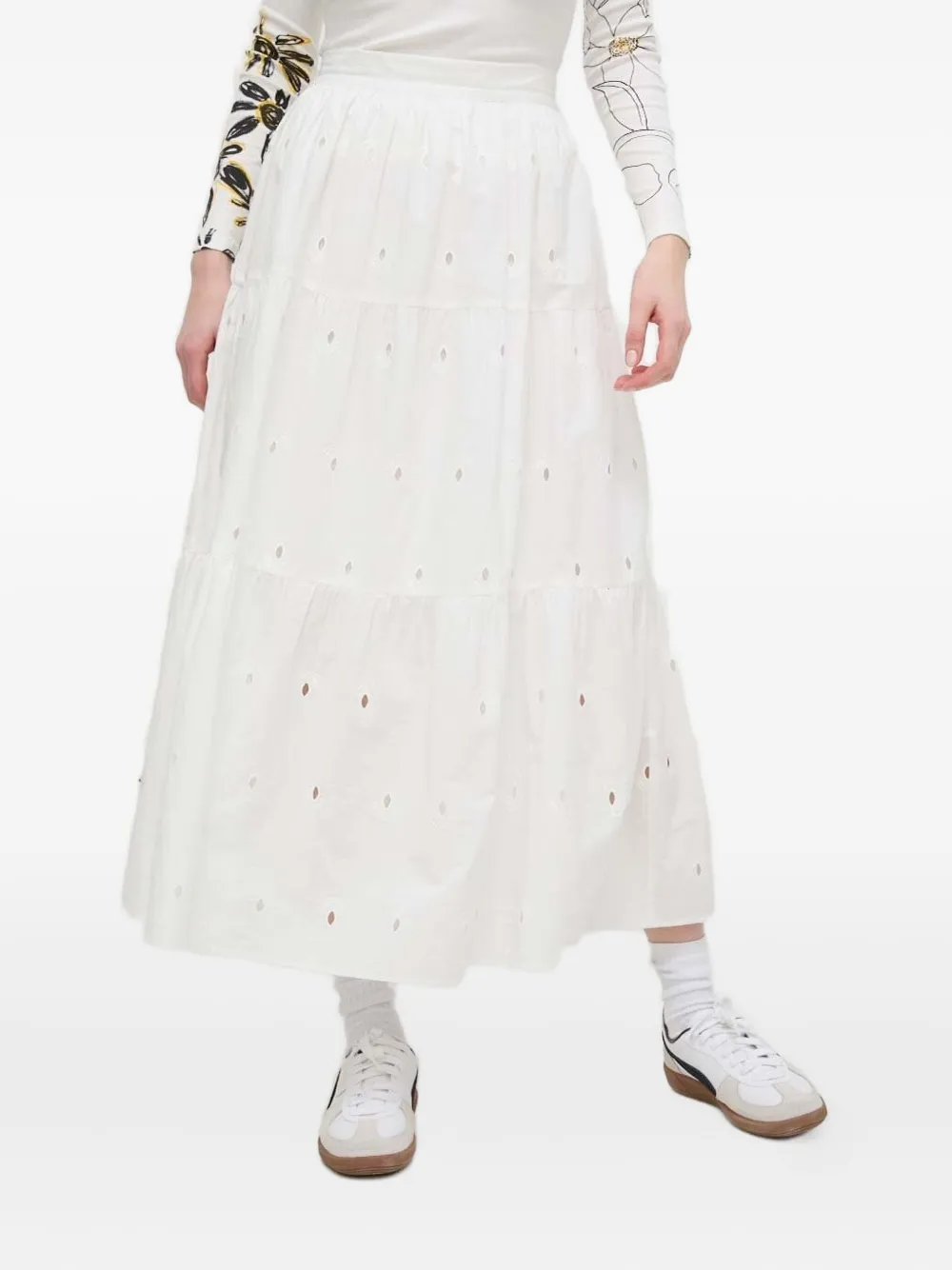 Desigual Eyelet-embroidered Tiered Midi Skirt In White