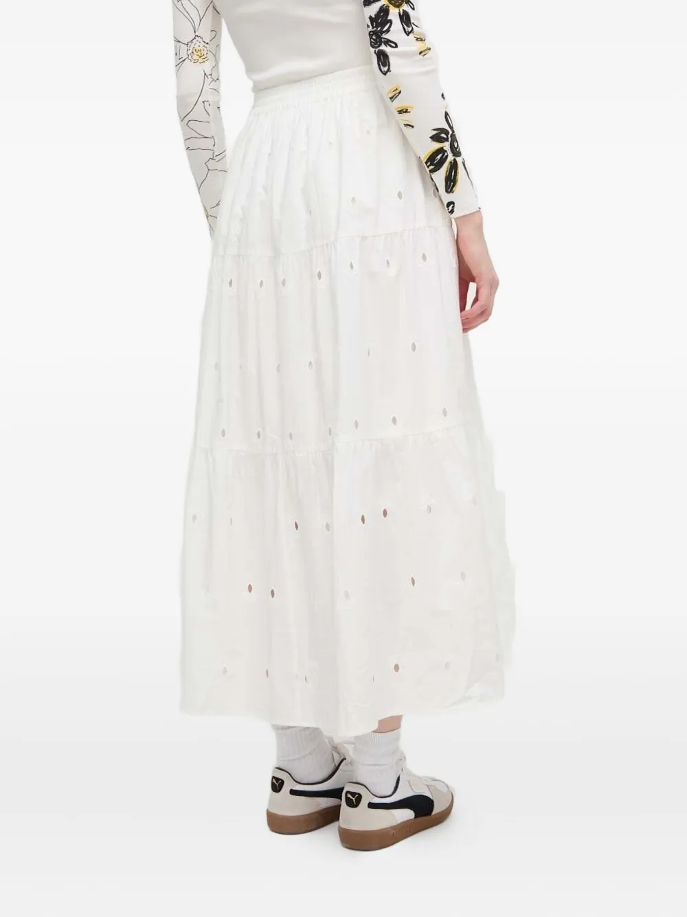 Desigual Eyelet-embroidered Tiered Midi Skirt In White