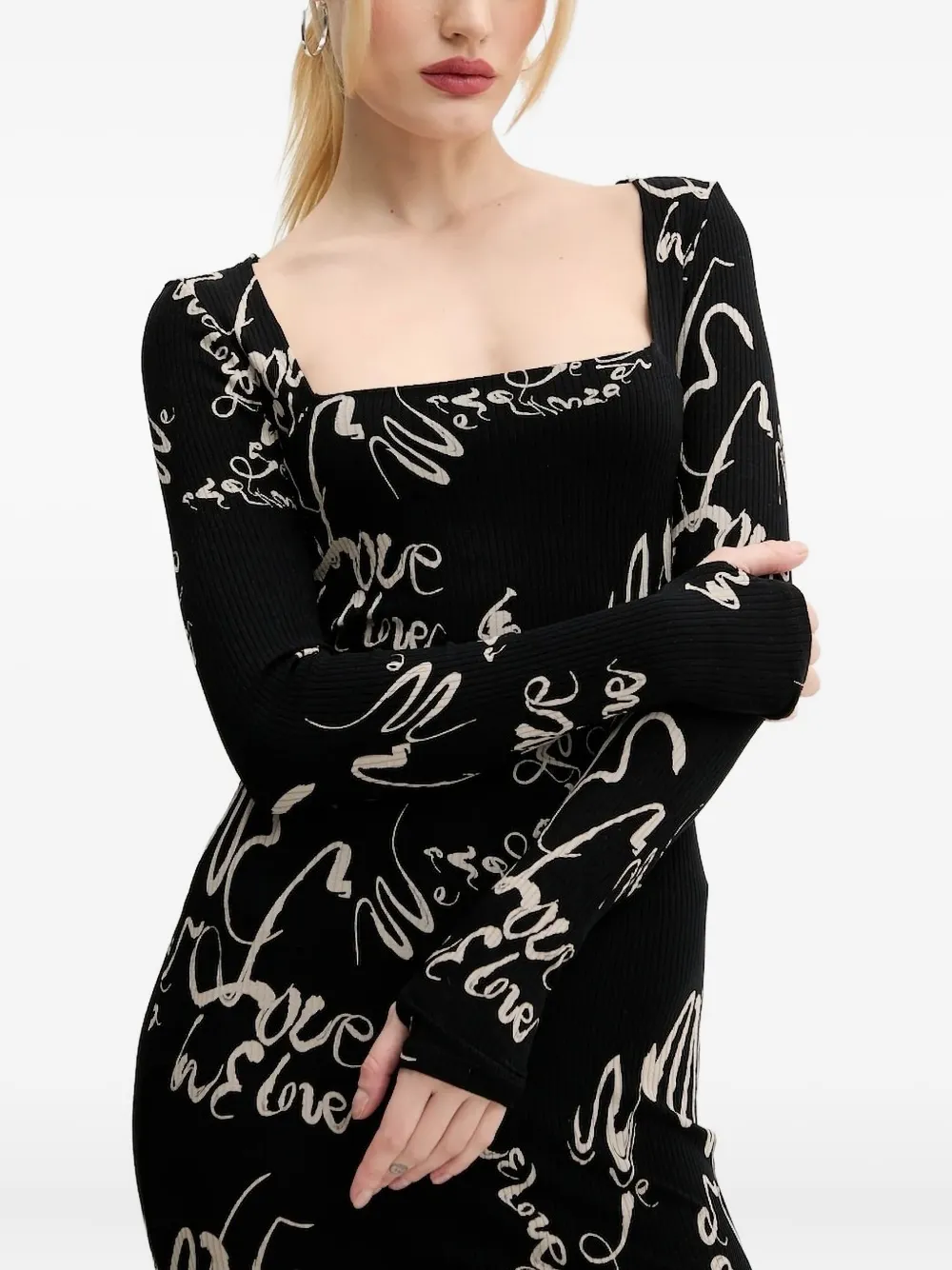 Desigual Midi-jurk met vierkante hals en print Zwart