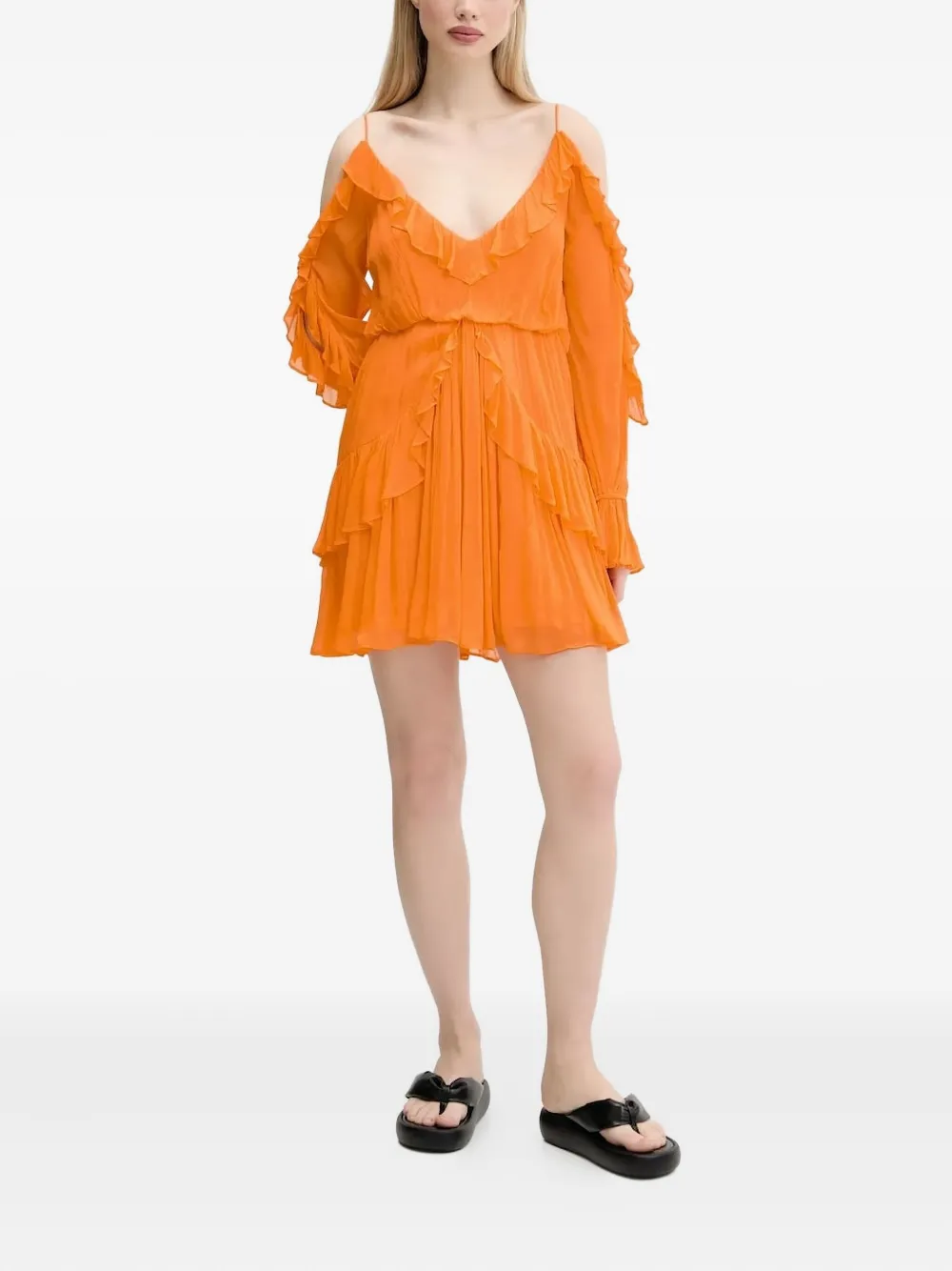 Desigual Ruffled Cold-shoulder Mini Dress In Orange