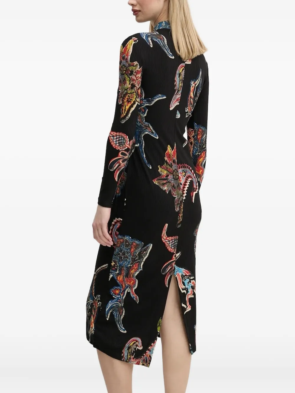 Desigual Ribbed Print Midi Dress In Black