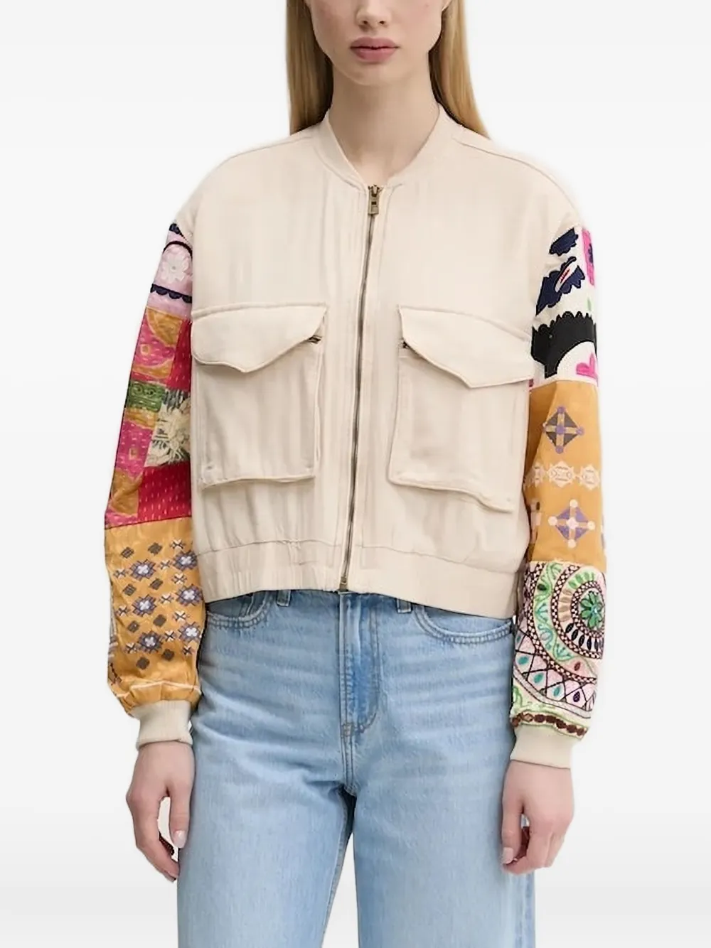 Desigual Patchwork-sleeve Bomber Jacket In White