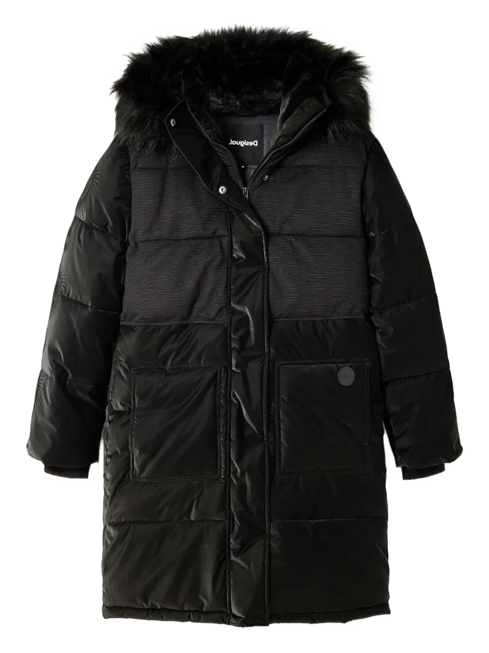 Desigual Faux-fur-trimmed Quilted Coat In Black