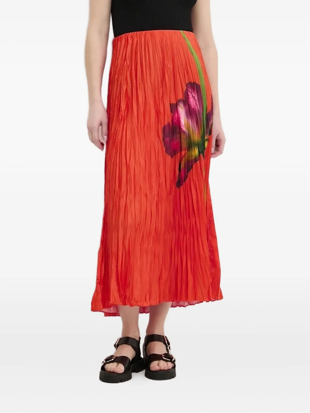 Desigual pleated floral print midi skirt Rood