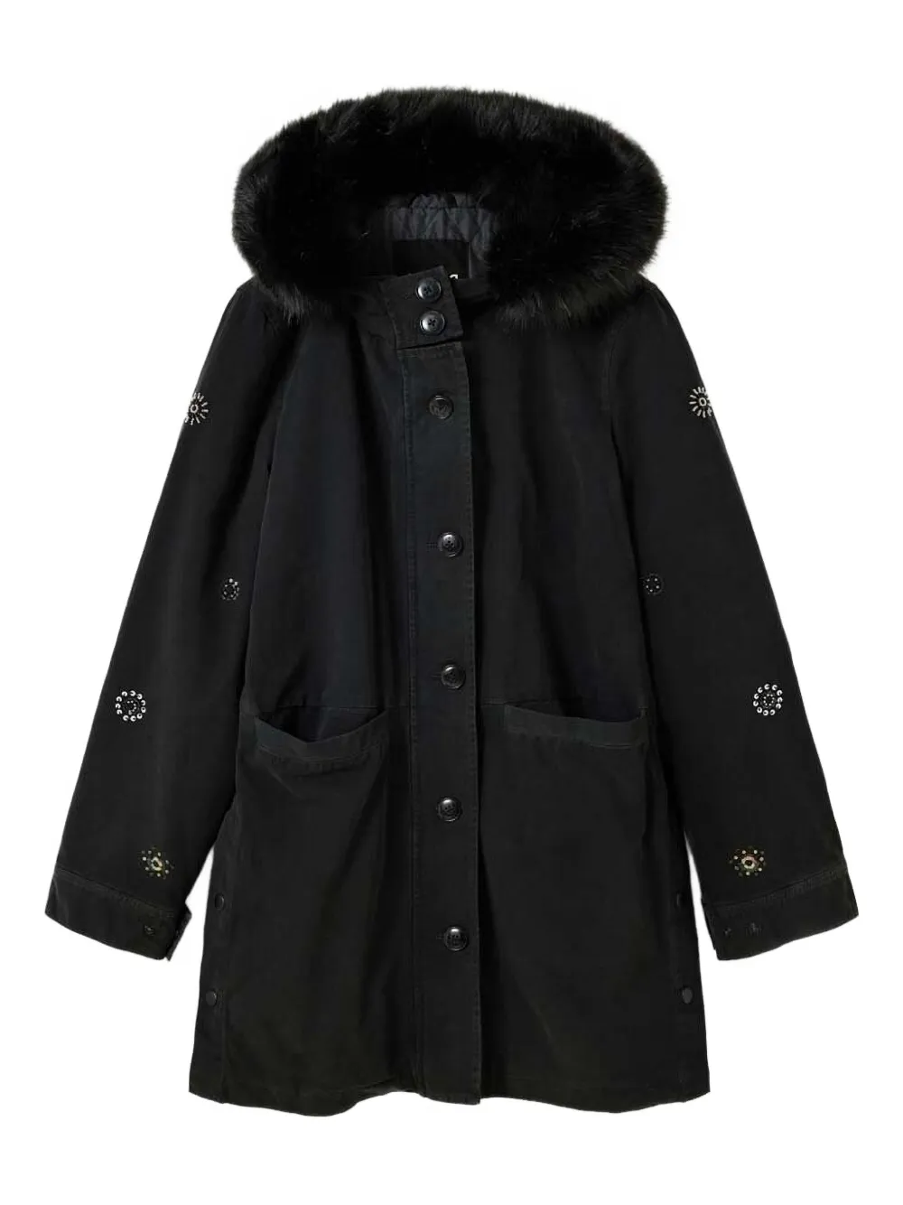 Desigual Embellished Fur-trimmed Parka In Black