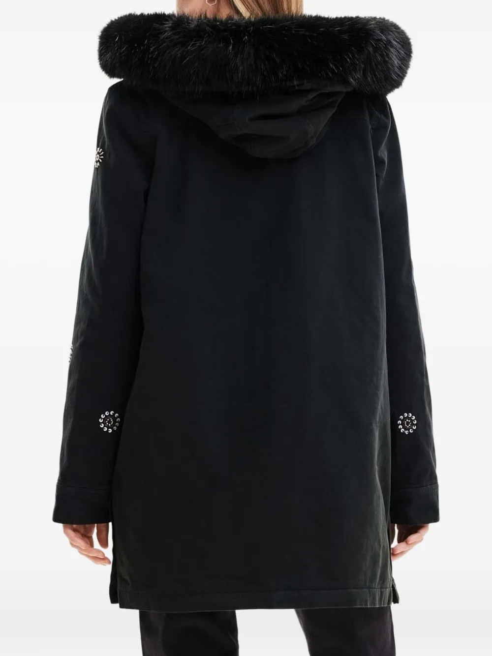Desigual Embellished Fur-trimmed Parka In Black