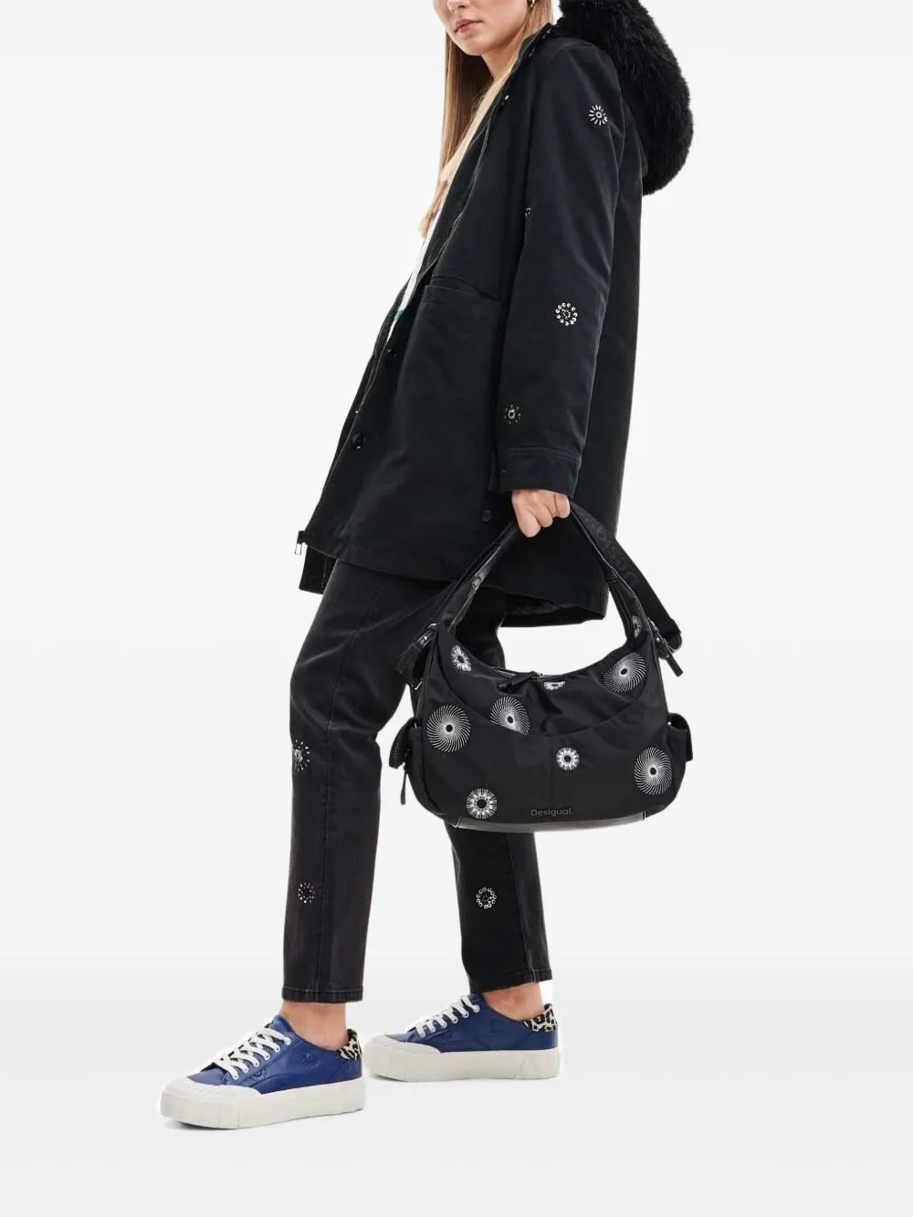 Desigual Embellished Fur-trimmed Parka In Black