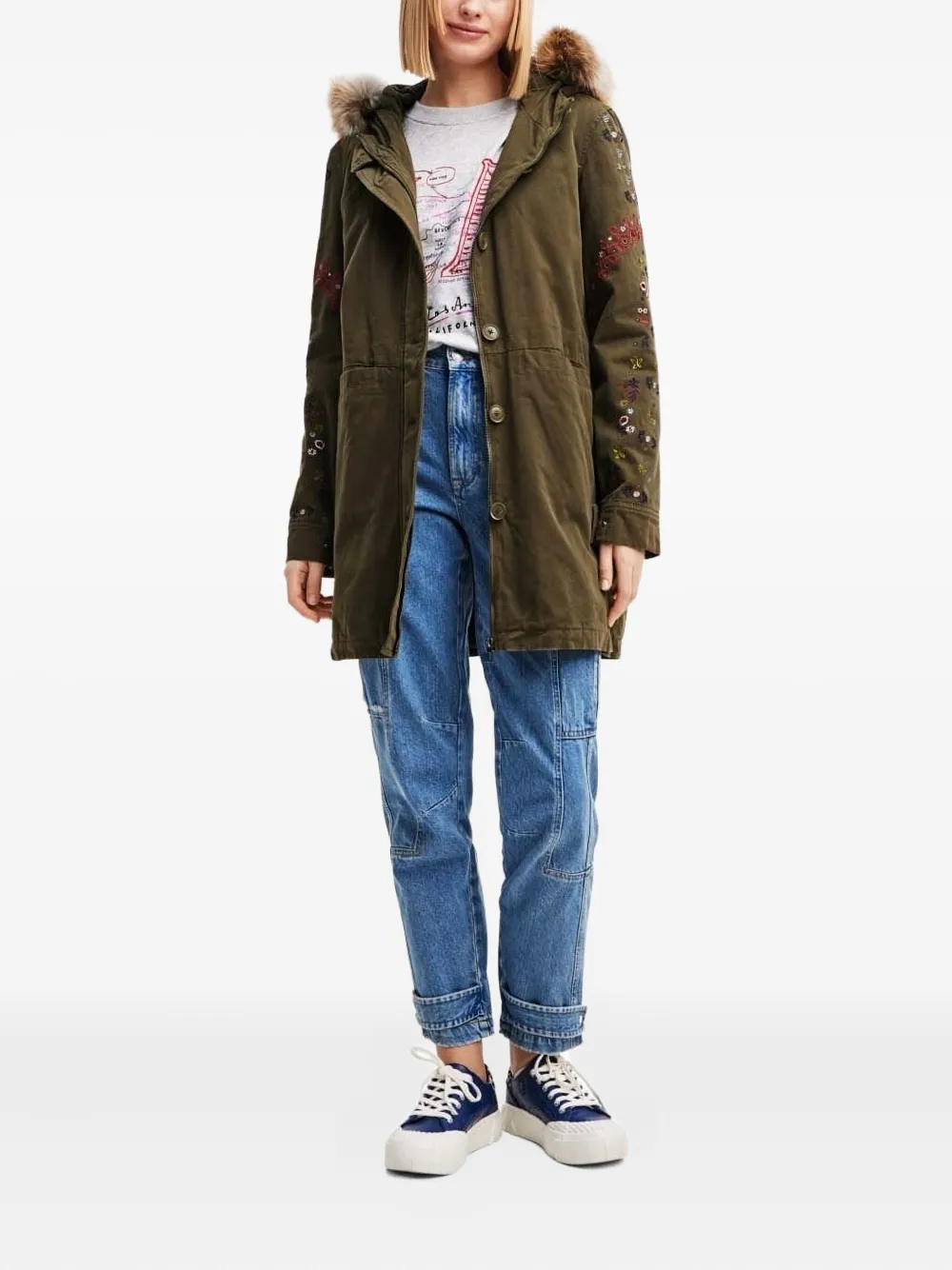 Desigual Parka met geborduurde bloemen Groen