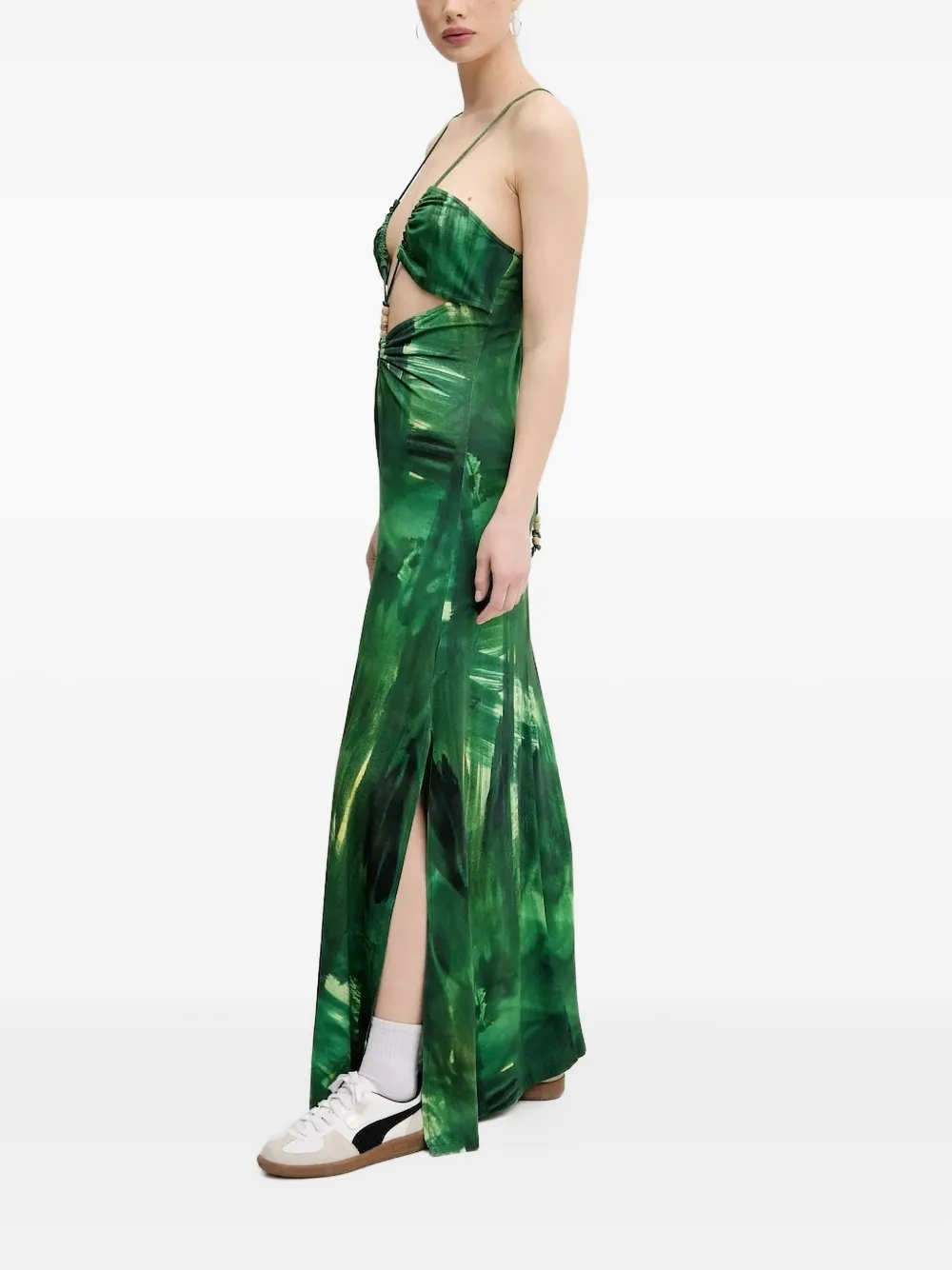 Desigual Leaf-print Tie-back Maxi Dress In Green