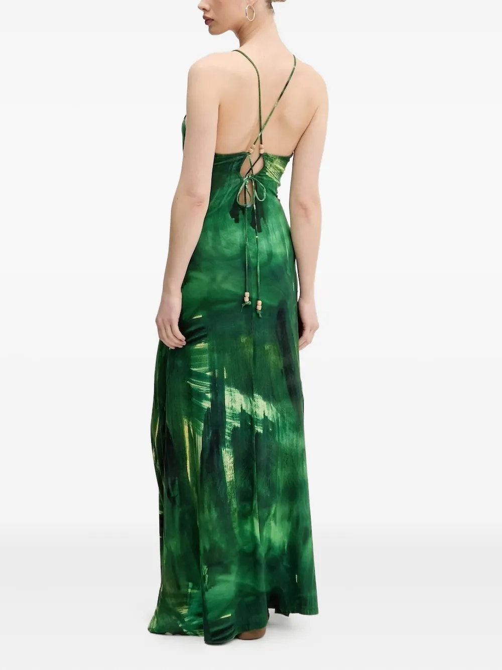 Desigual Maxi-jurk met bladerprint en gestrikte rug - Groen