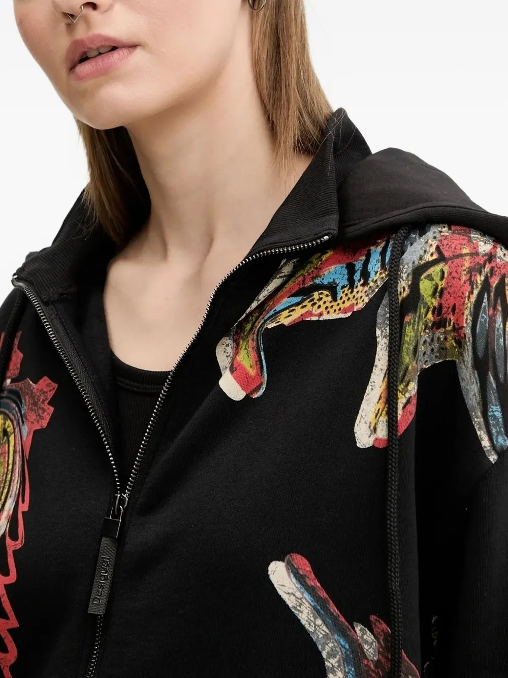 Desigual Abstract-print Zip-up Hoodie In Black
