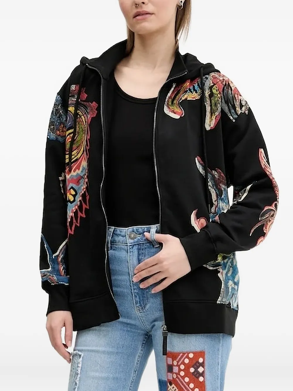 Desigual Abstract-print Zip-up Hoodie In Black
