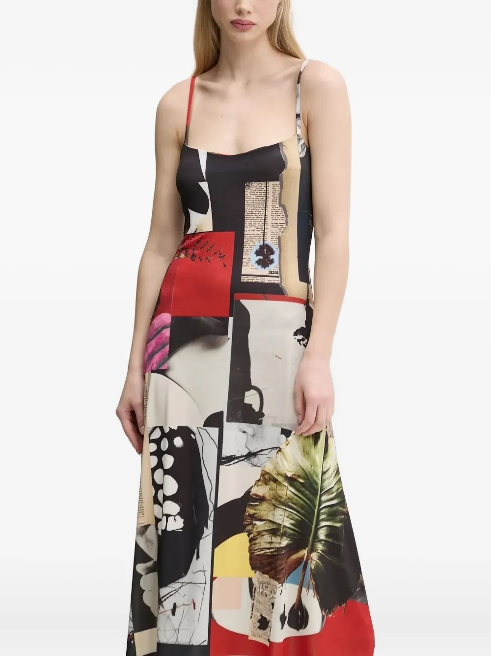 Desigual Patchwork-print Slip Midi Dress In Black