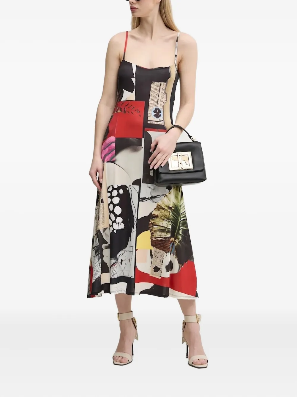 Desigual Patchwork-print Slip Midi Dress In Black