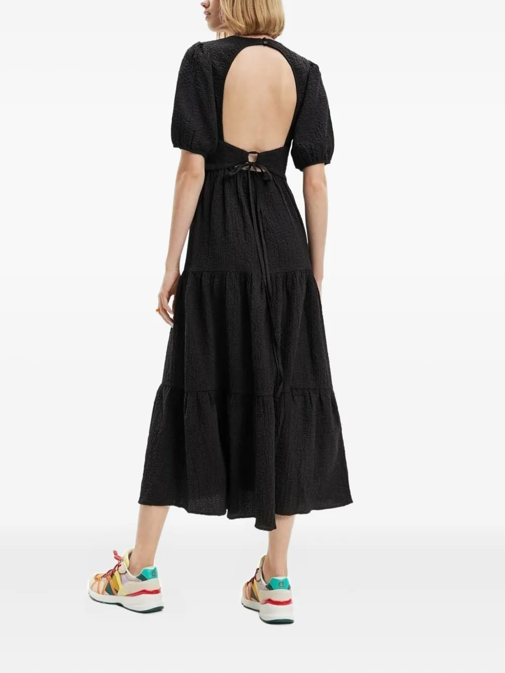 Desigual Puff-sleeve Open-back Midi Dress In Black