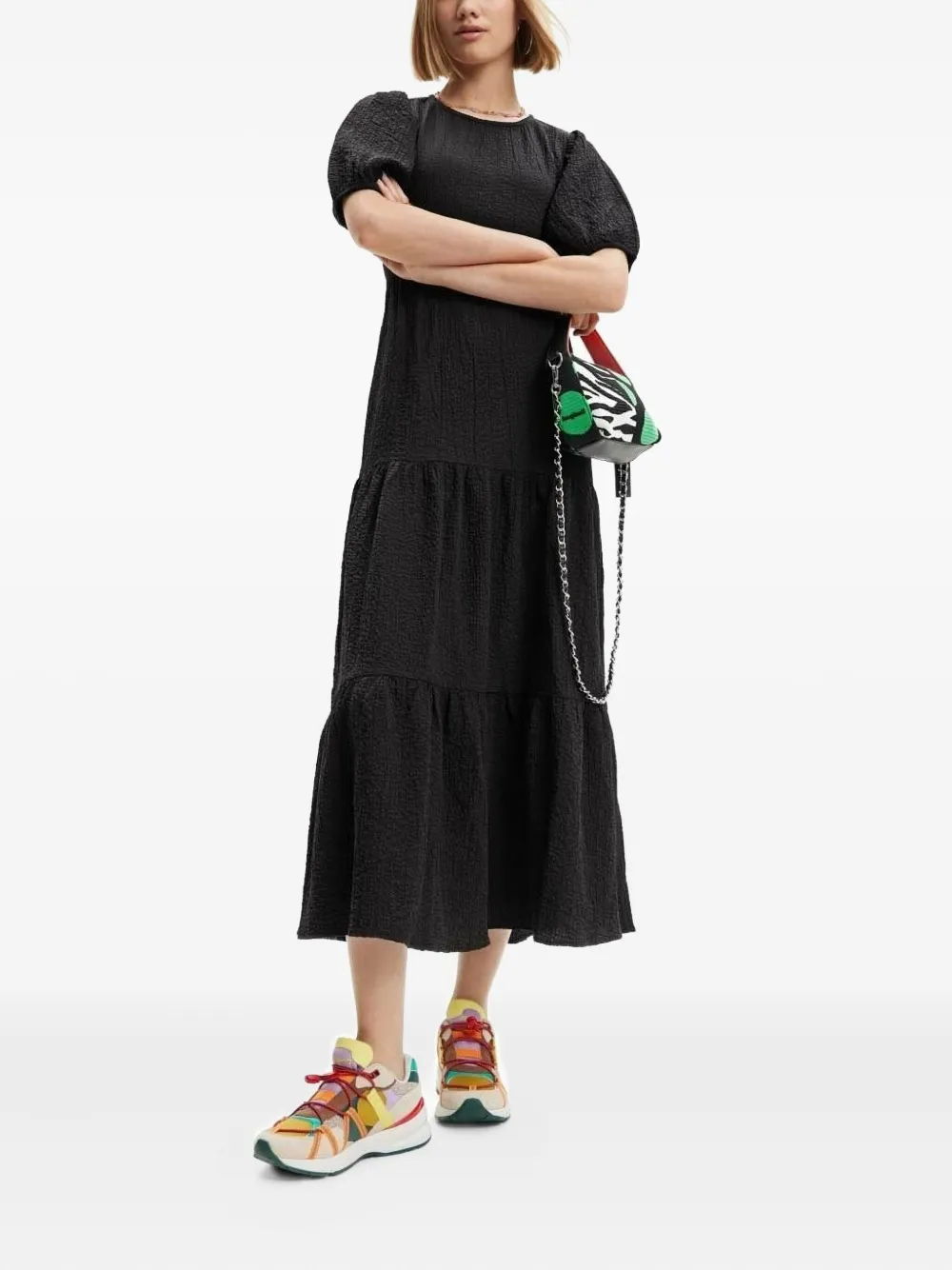 Desigual puff-sleeve open-back midi dress - Zwart