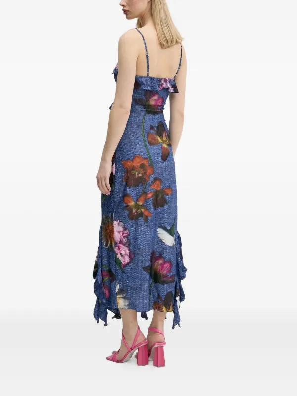 Desigual Ruffled floral-print asymmetrical-hem Dress Blue