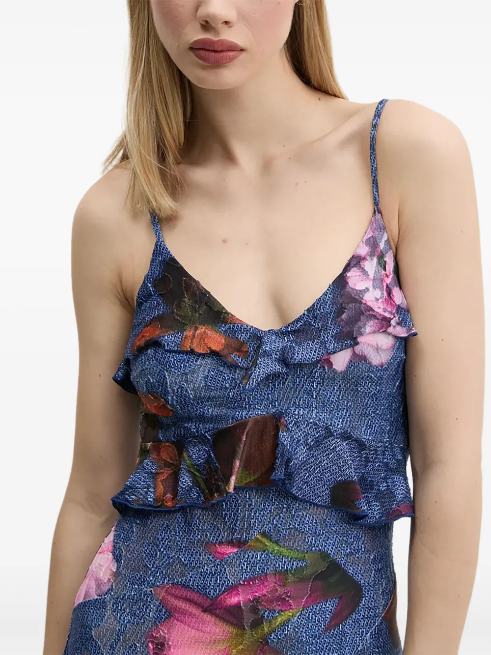 Desigual Jurk met bloemenprint en asymmetrische afwerking Blauw