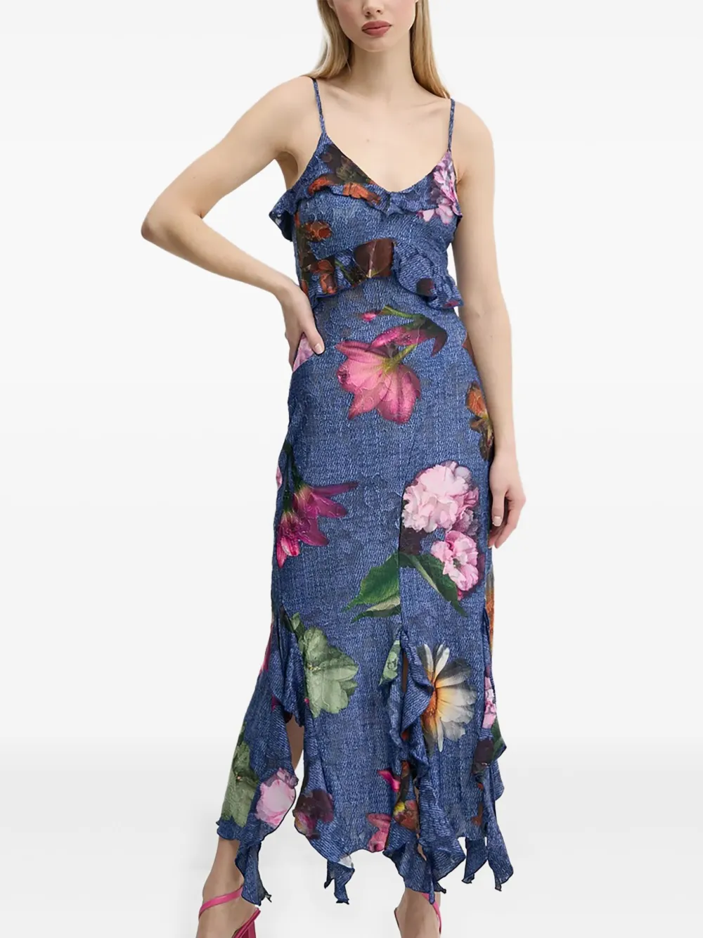 Desigual ruffled floral-print asymmetrical-hem dress | Blue | Image 1