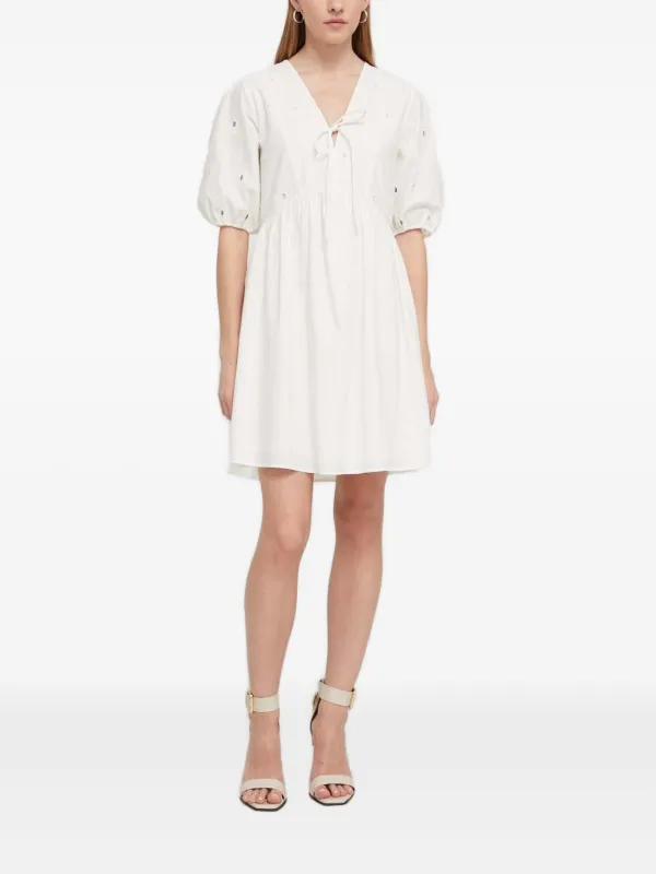 eyelet puff sleeve mini dress Olivaceous Lenah Lavender Eyelet Cutout Mini Dress - Size M - V-Neck, Puff Sleeves, Open Back