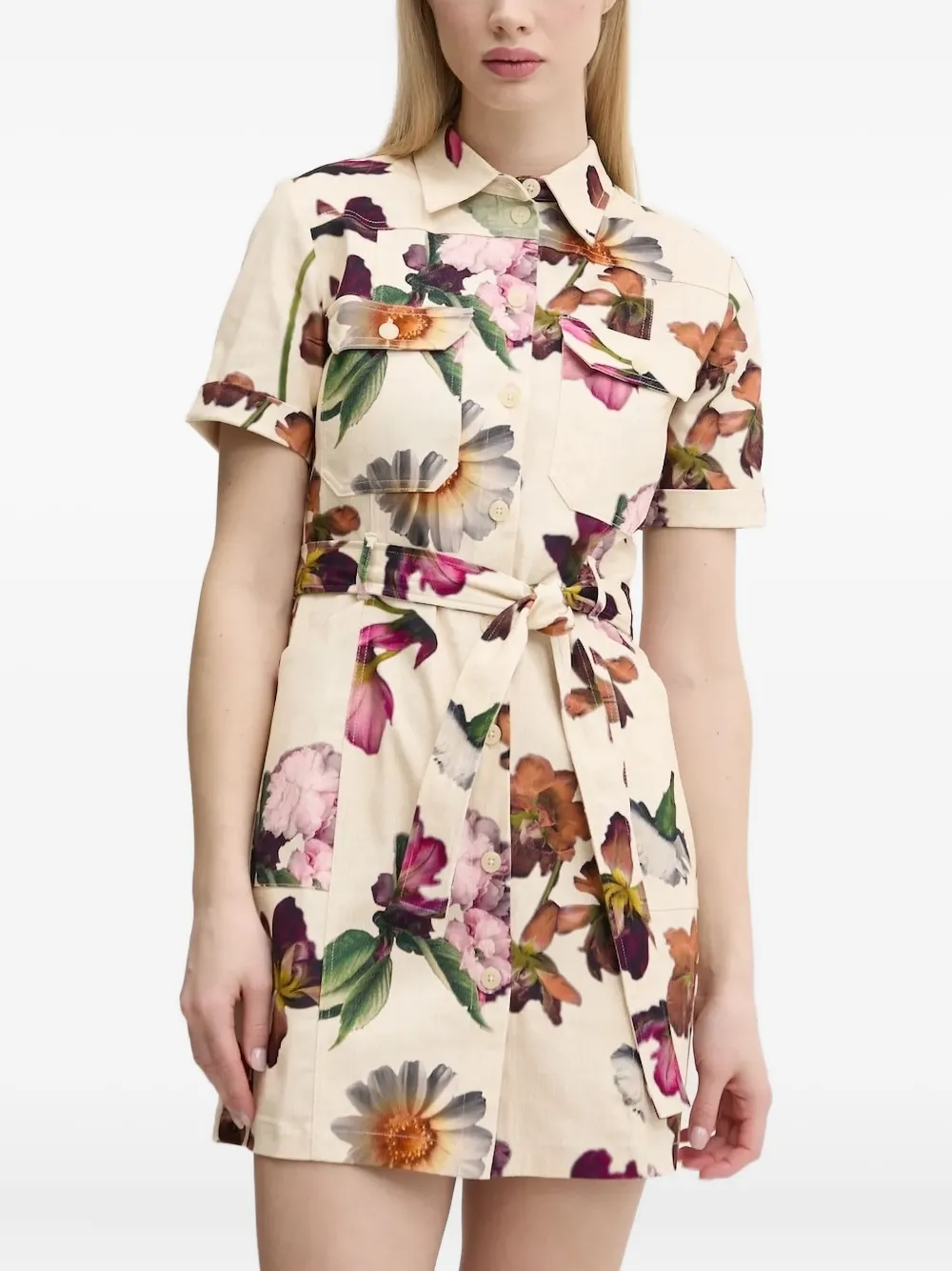 Desigual Floral-print Belted Shirt Mini Dress In Neutral