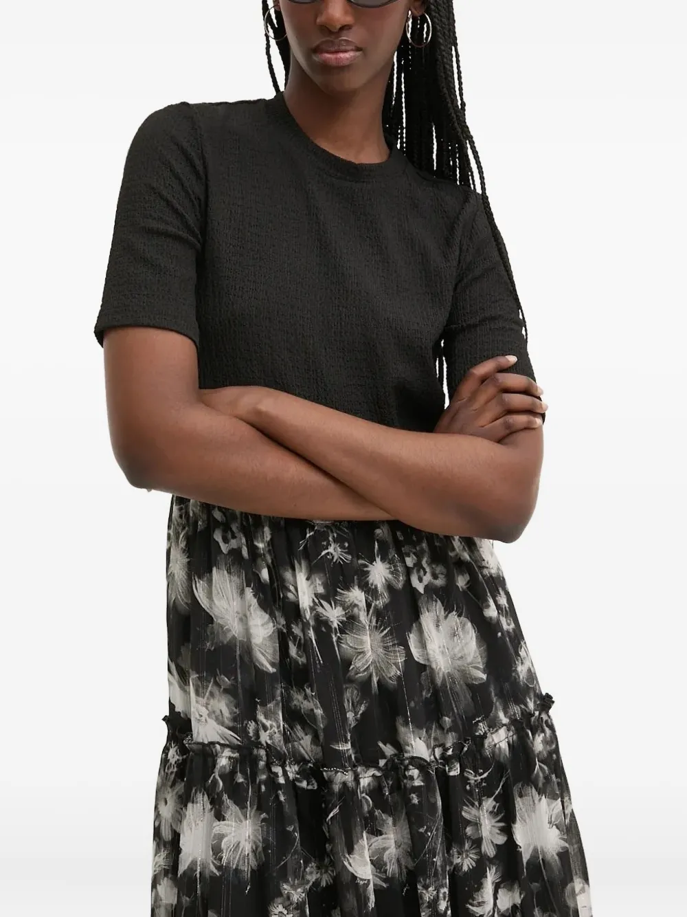 Desigual Floral-print Tiered Midi Dress In Black