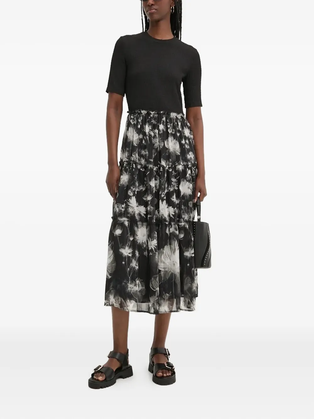 Desigual Floral-print Tiered Midi Dress In Black