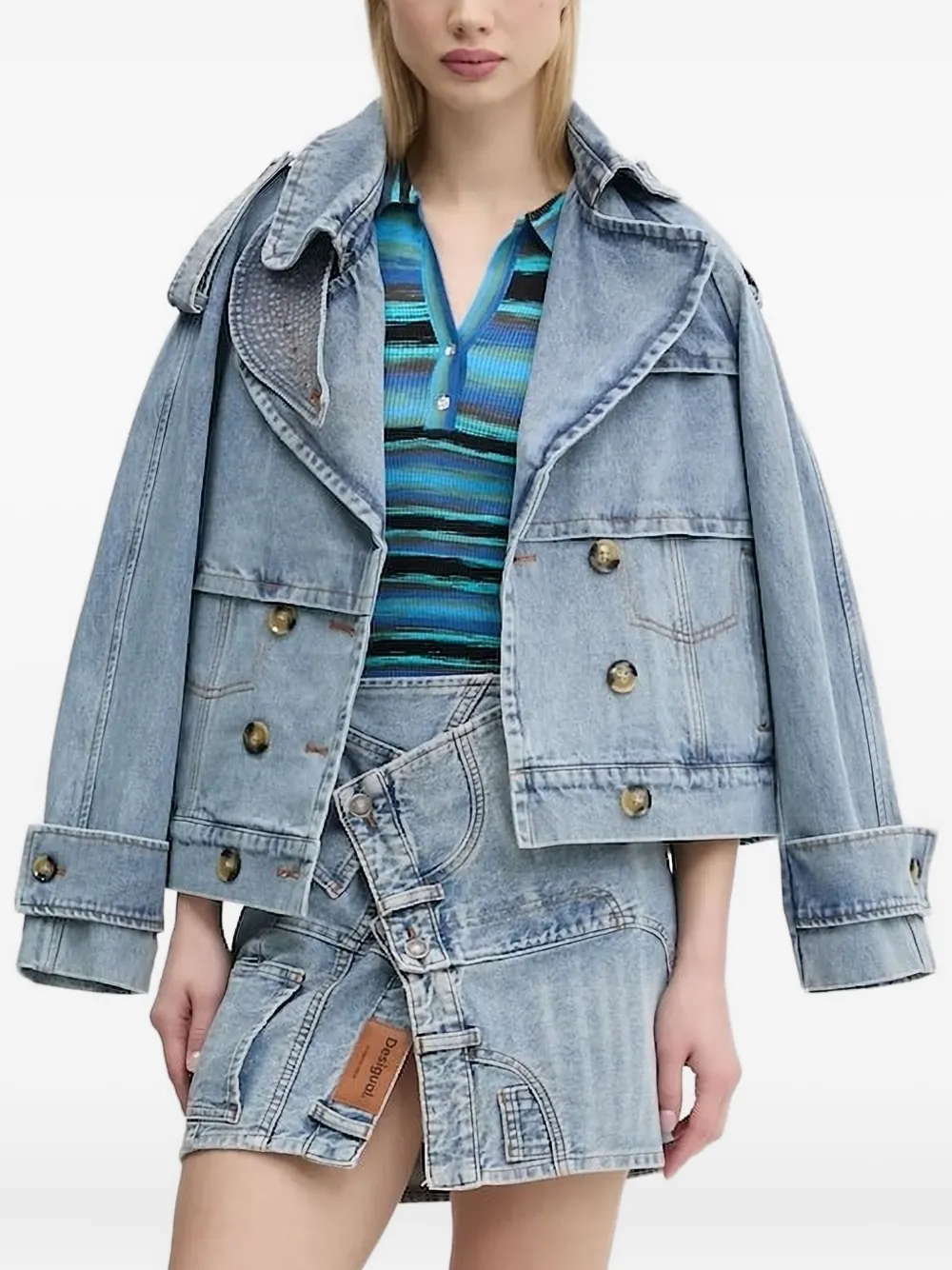 Desigual Embellished Double-breasted Denim Jacket In Blue