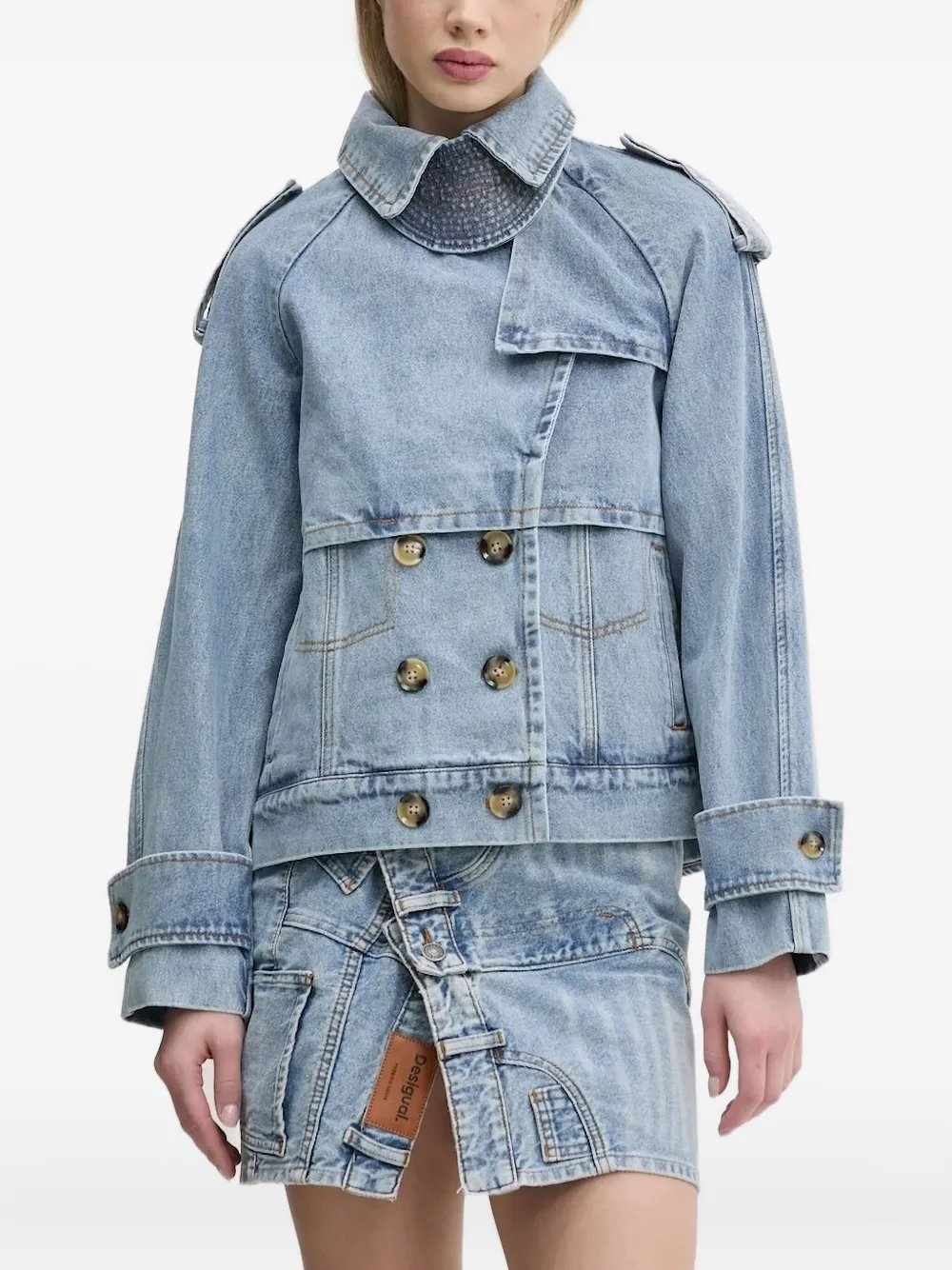 Desigual Embellished Double-breasted Denim Jacket In Blue