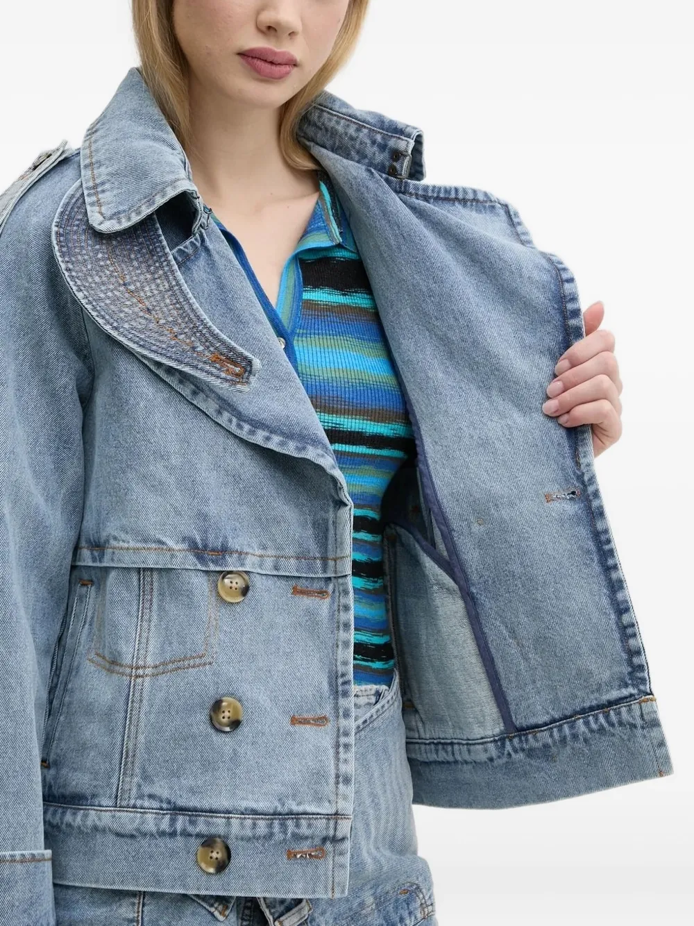 Desigual Embellished Double-breasted Denim Jacket In Blue