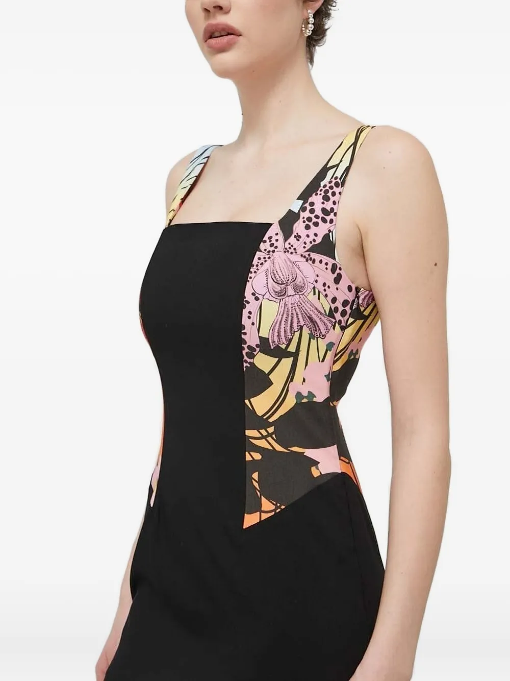 Desigual Mini-jurk met vlakken met bloemen en vierkante hals Zwart