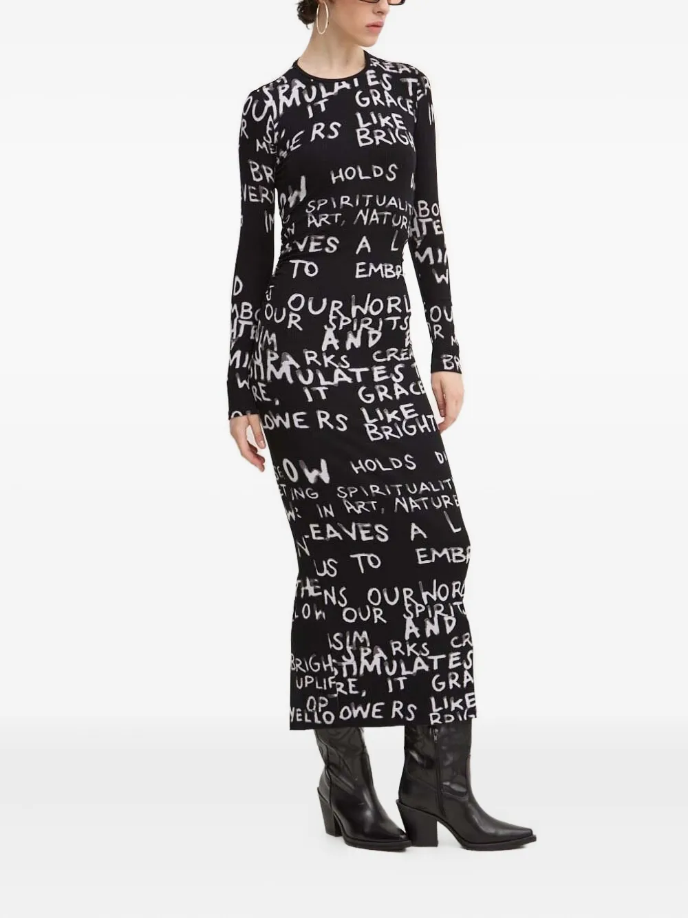 Desigual Ribgebreide midi-jurk met graffiti-print Zwart