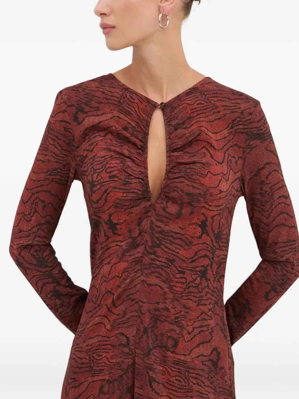 Desigual Keyhole-neckline Wave-print Midi Day Dress In Burgundy
