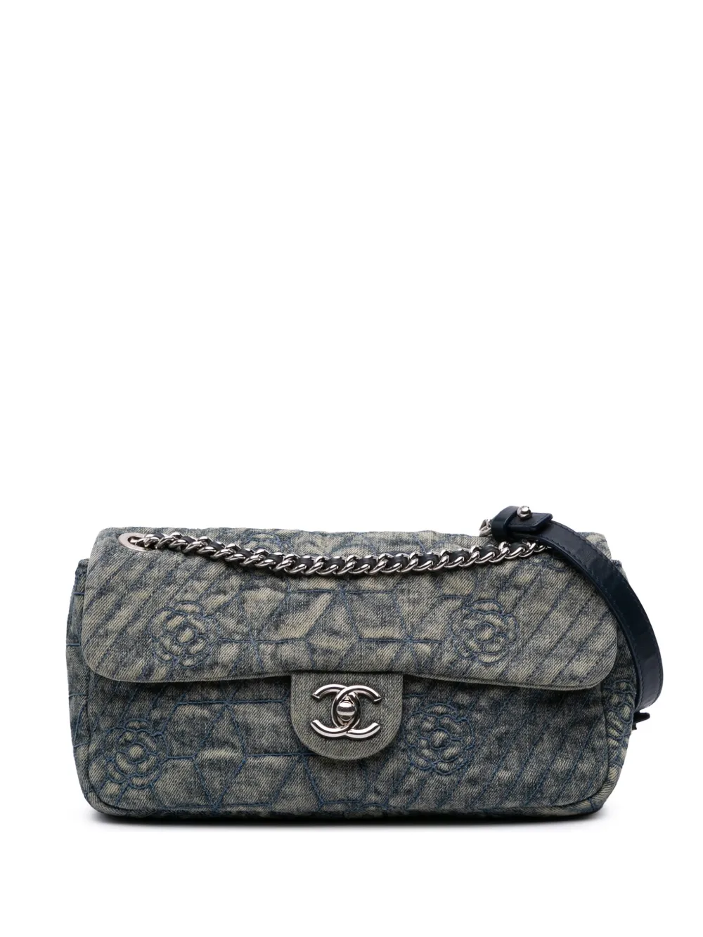 Pre-owned Chanel 2012 Medium Embroidered Denim Camellia Flap Shoulder Bag