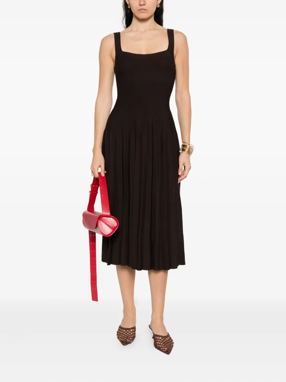 STAUD Ellison pleated-ribbed midi dress Bruin