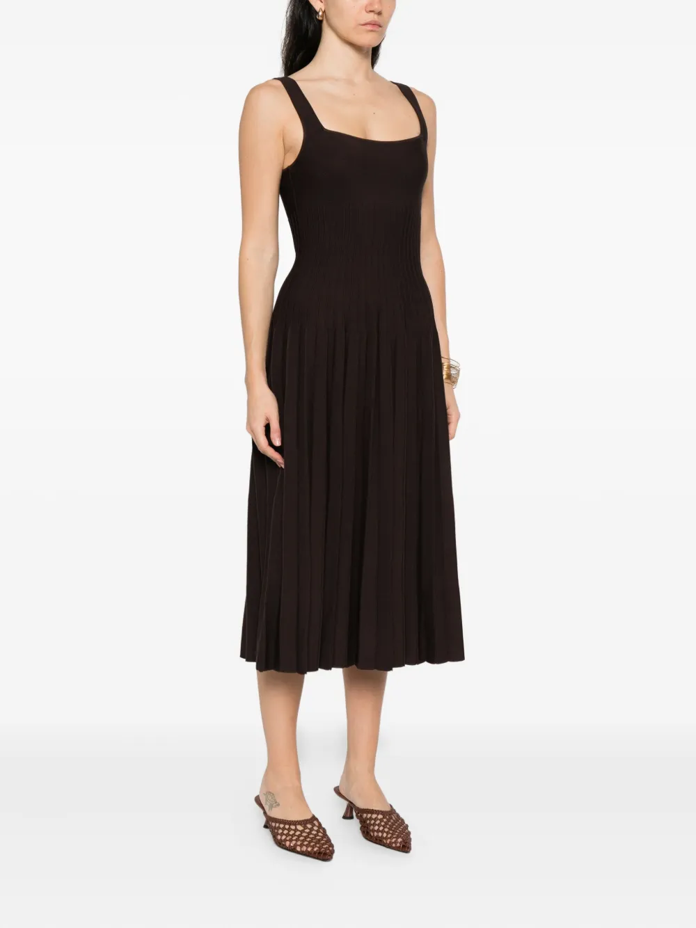 STAUD Ellison pleated-ribbed midi dress Bruin