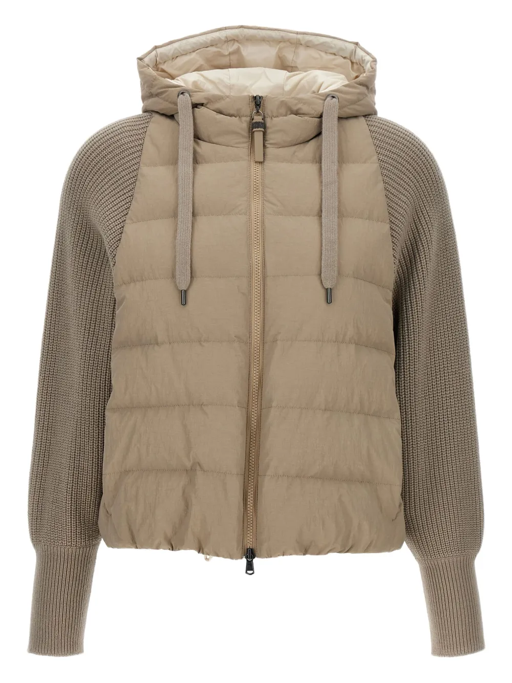Brunello Cucinelli hooded knitted-sleeve puffer jacket Beige