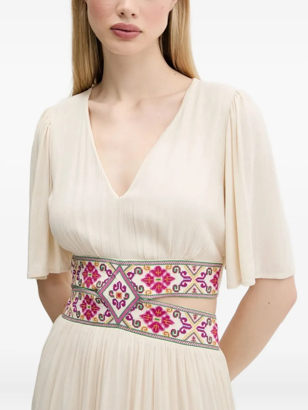 Desigual Gelaagde maxi-jurk met geborduurde bandjes Beige