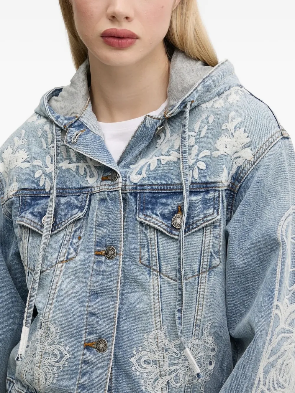 Desigual Denim jack met geborduurde bloemen en capuchon 5053 BLUE