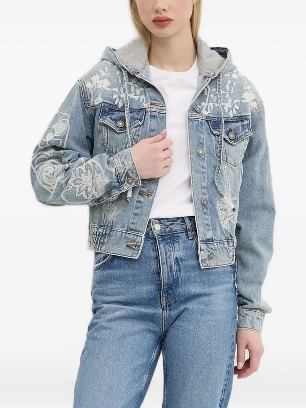 Desigual Embroidered-flowers Hooded Denim Jacket In Blue