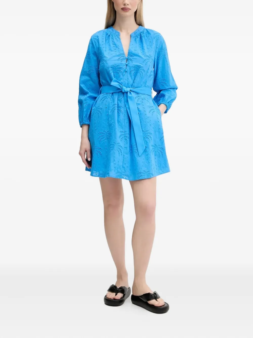 Desigual Eyelet-embroidered Belted Mini Dress In Blue